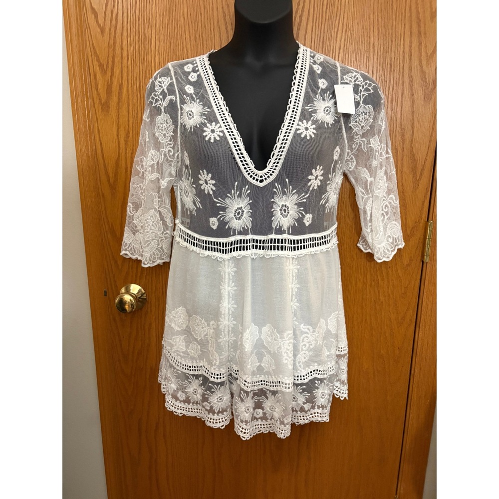 White Floral Lace V-Neck Mini Dress Sheer Mesh Boho Bell Sleeve Tunic Top